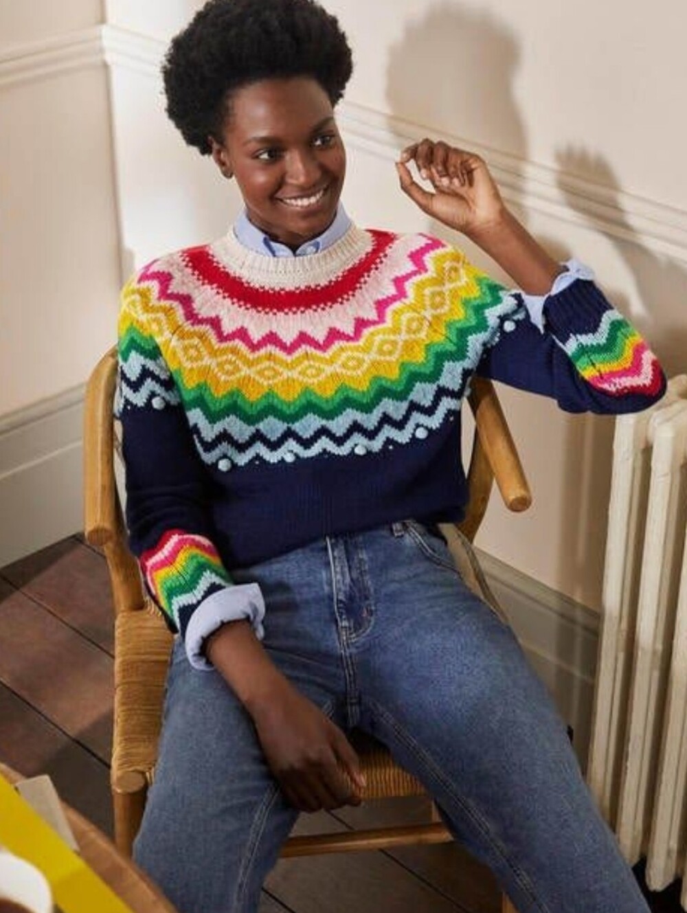 Boden Emma Fair Isle Sweater Navy Blue Multi Wool Blend Pom Poms Crewneck 10